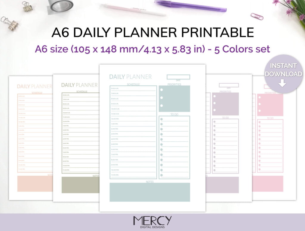 Printable Daily Planner Pages Mercy Digital Designs