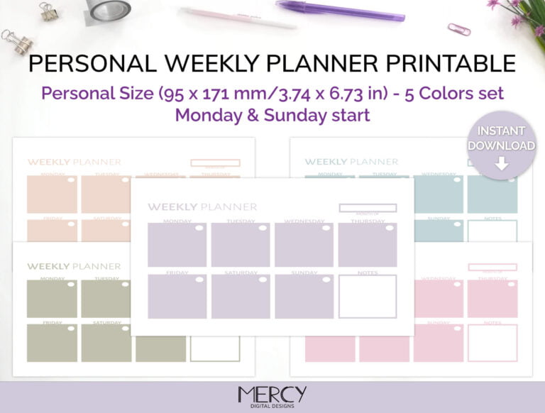 Personal Weekly Planner Printable Pastel Mercy Digital Designs