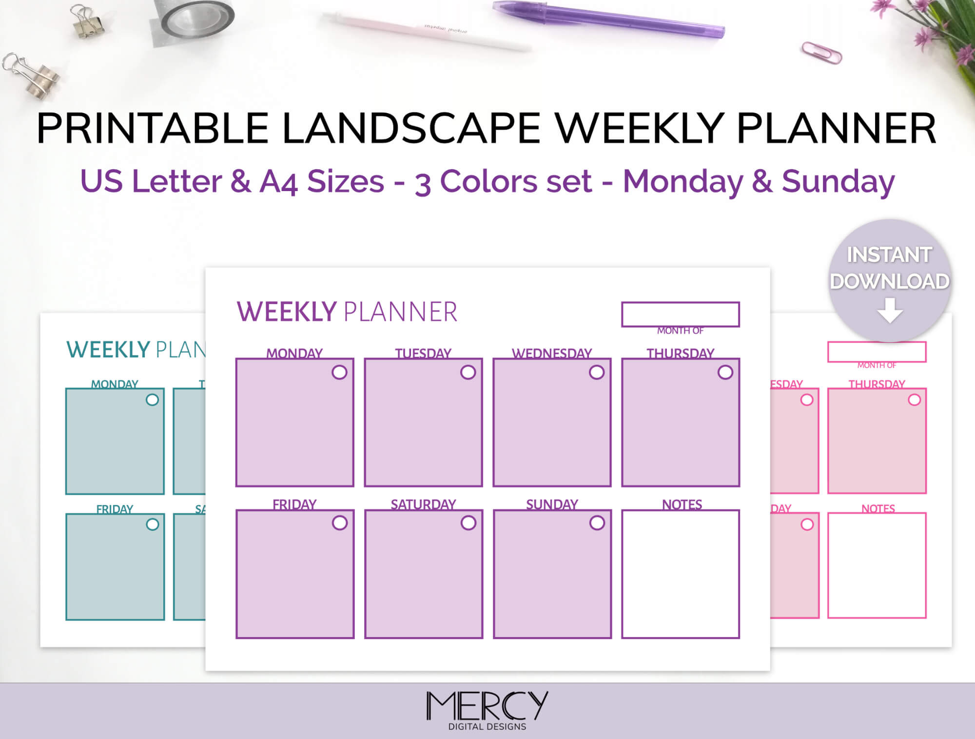 Cute Weekly Planner Printable, A4 and Letter • Mercy Digital Designs