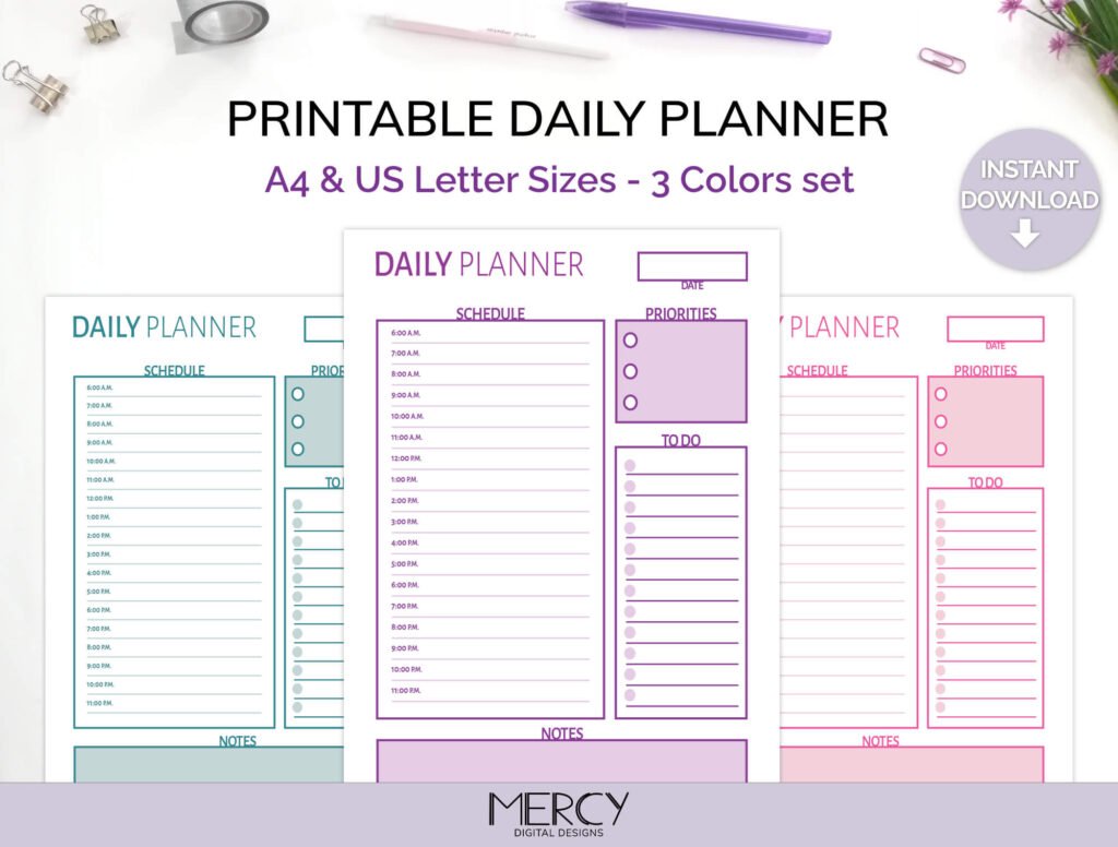 Cute Daily Planner Printable, A4 and Letter • Mercy Digital Designs