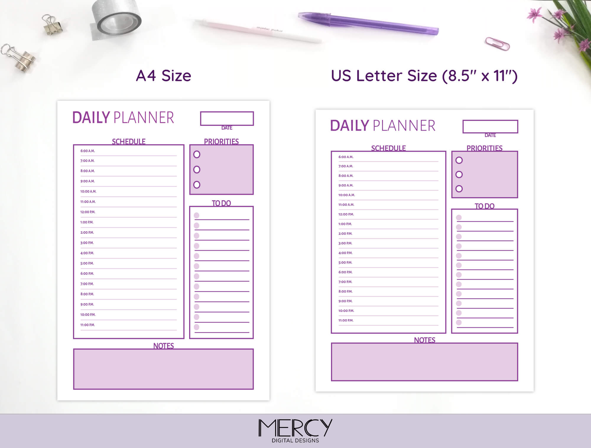 Cute Daily Planner Printable, A4 and Letter • Mercy Digital Designs