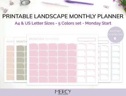 Pastel Monthly Planner Landscape Printable