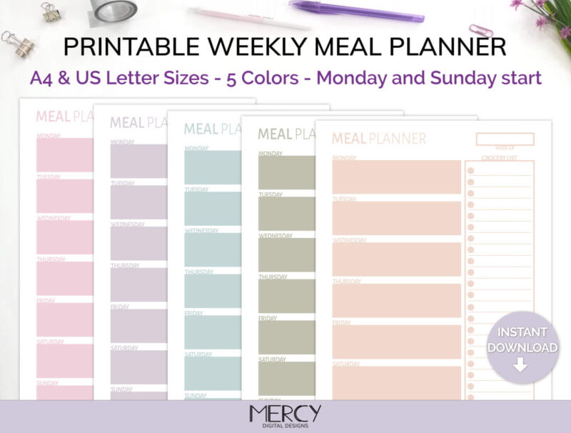 Pastel Weekly Meal Planner with Grocery List A4 Letter
