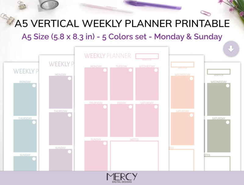 A5 Vertical Weekly Planner Printable Pastel