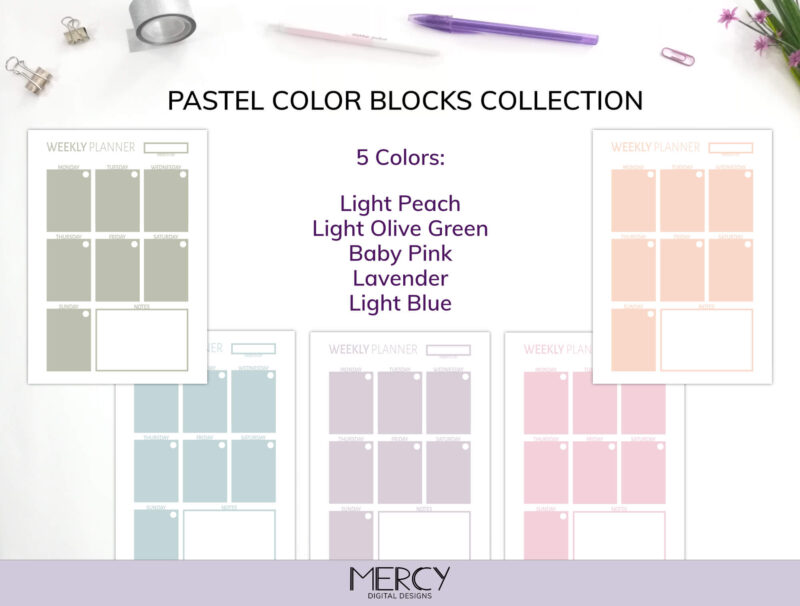 A5 Pastel Vertical Weekly Planner Colors