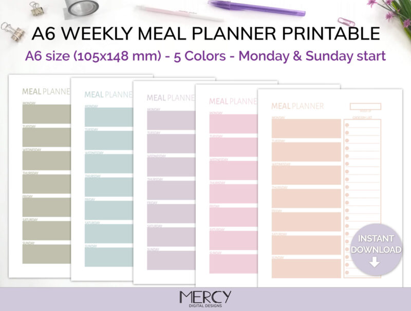 A6 Pastel Meal Planner Printable