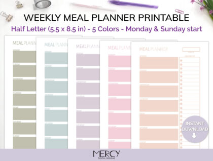 Half Letter Pastel Meal Planner Printable