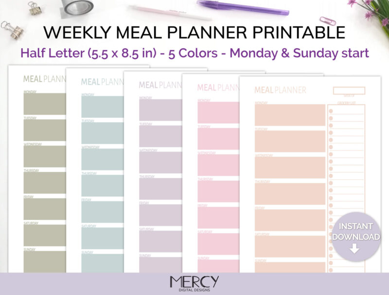 Half Letter Pastel Meal Planner Printable