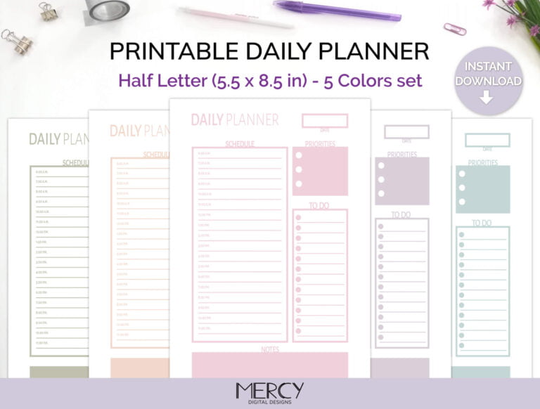 Half Daily Planner Printable Pastel • Mercy Digital Designs