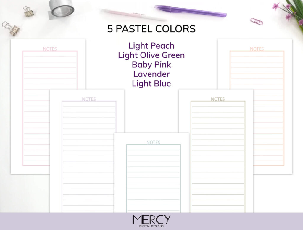 Personal Printable Notes Page Pastel Set • Mercy Digital Designs