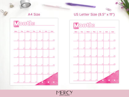 Pink Blank Calendar Printable, A4 and US Letter • Mercy Digital Designs