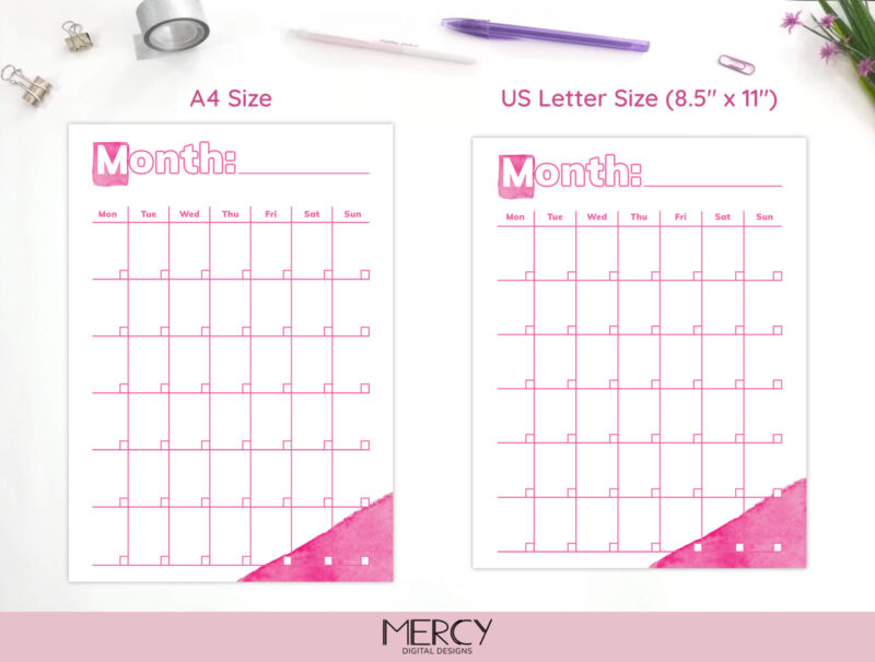 Pink Blank Calendar Letter A4