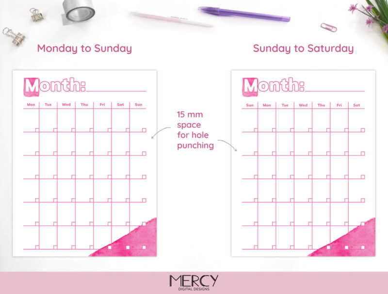 Pink Blank Calendar Monday Sunday
