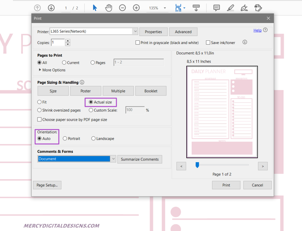 Print options for printing planners