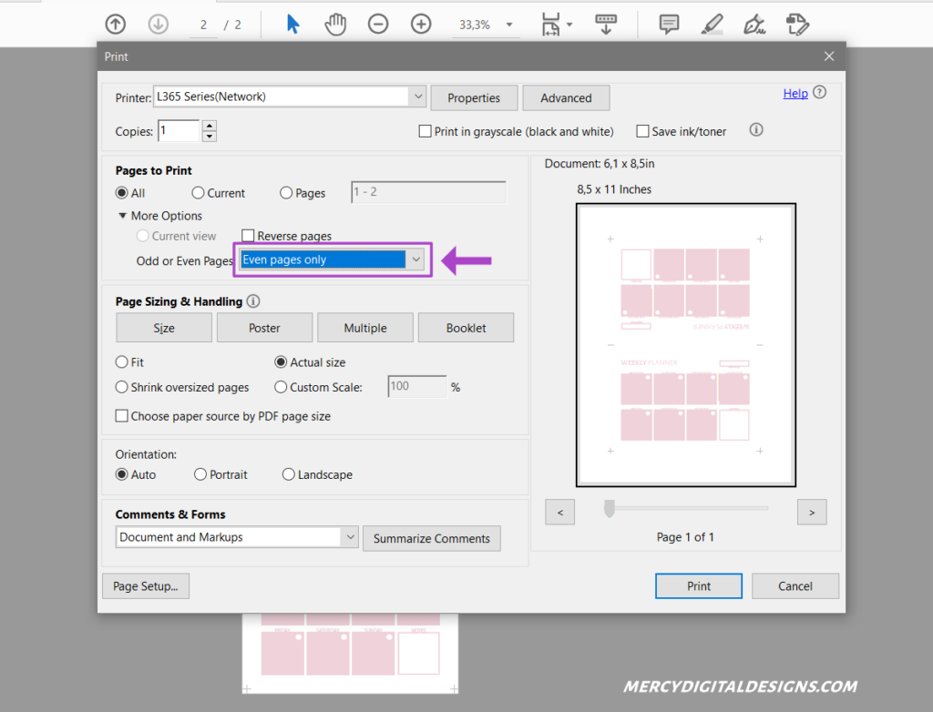 Printing even planner pages only