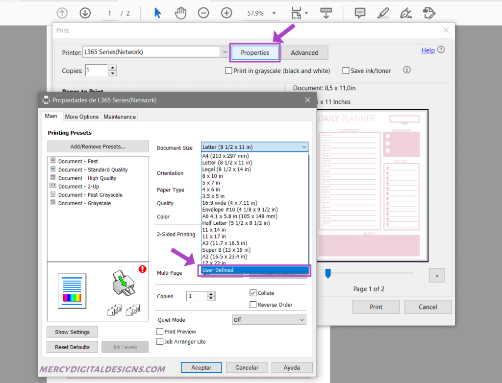 Pinrtable planner paper size