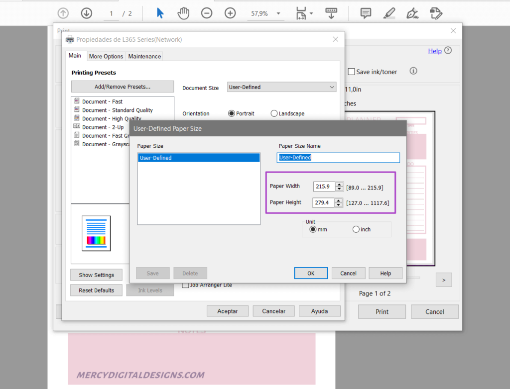 Printing with custom paper size