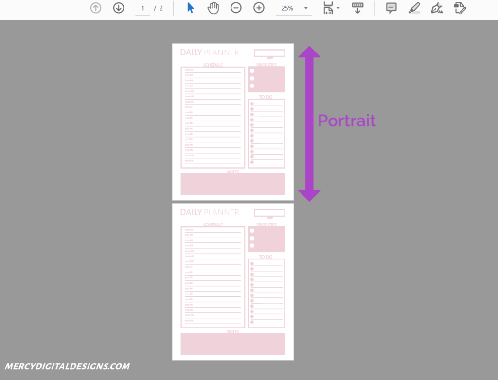 Printing planner with portrait layout