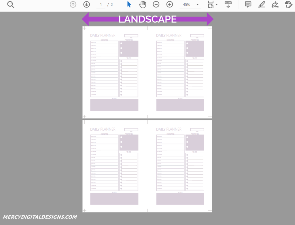Double sided portrait planner with landscape layout