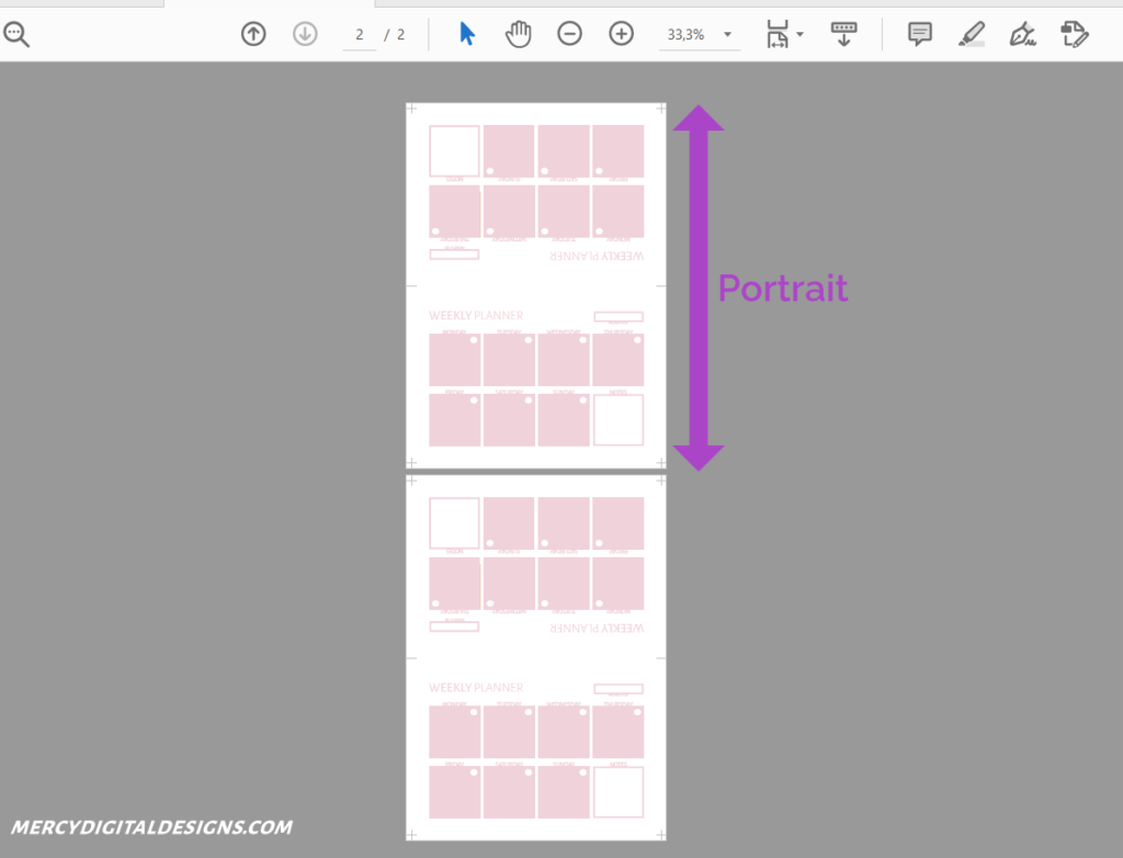 Double sided landscape planner with portrait layout