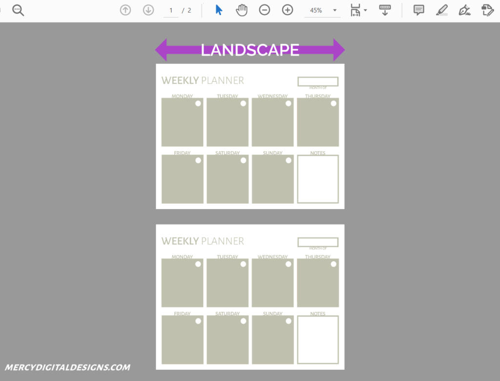 Printing planner pages with landscape layout