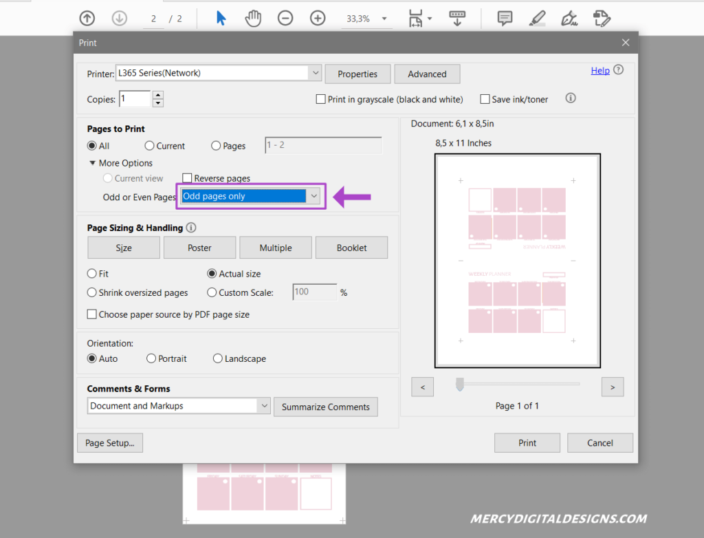 Printing odd planner pages only