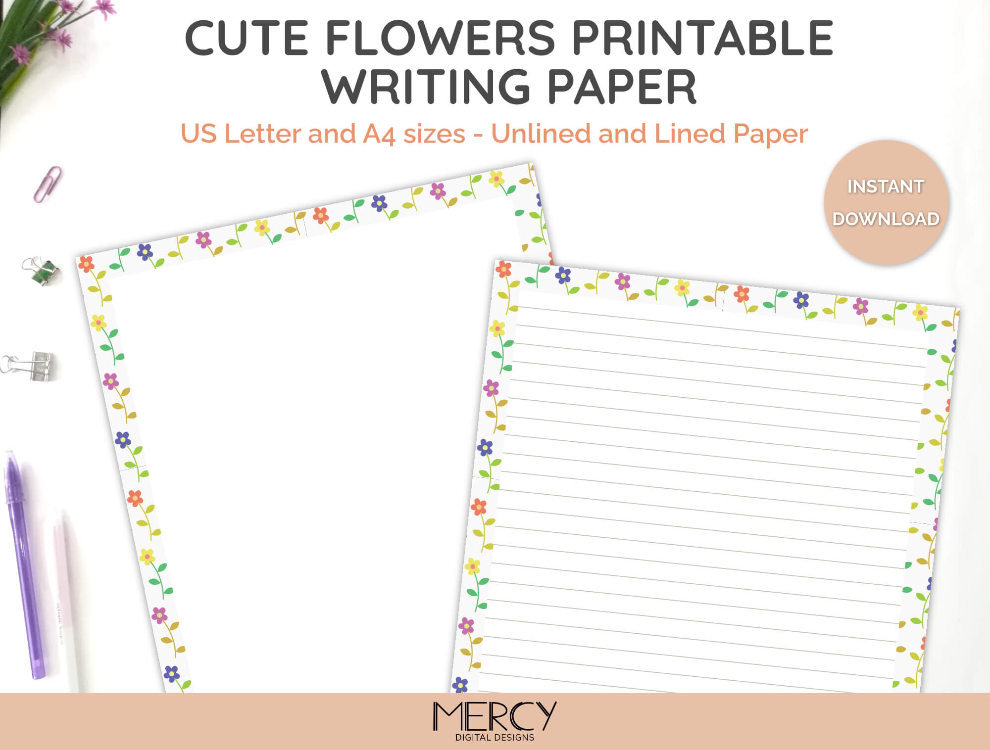 A4 Letter Writing Paper Sheets Pink Floral Border Lined or Unlined