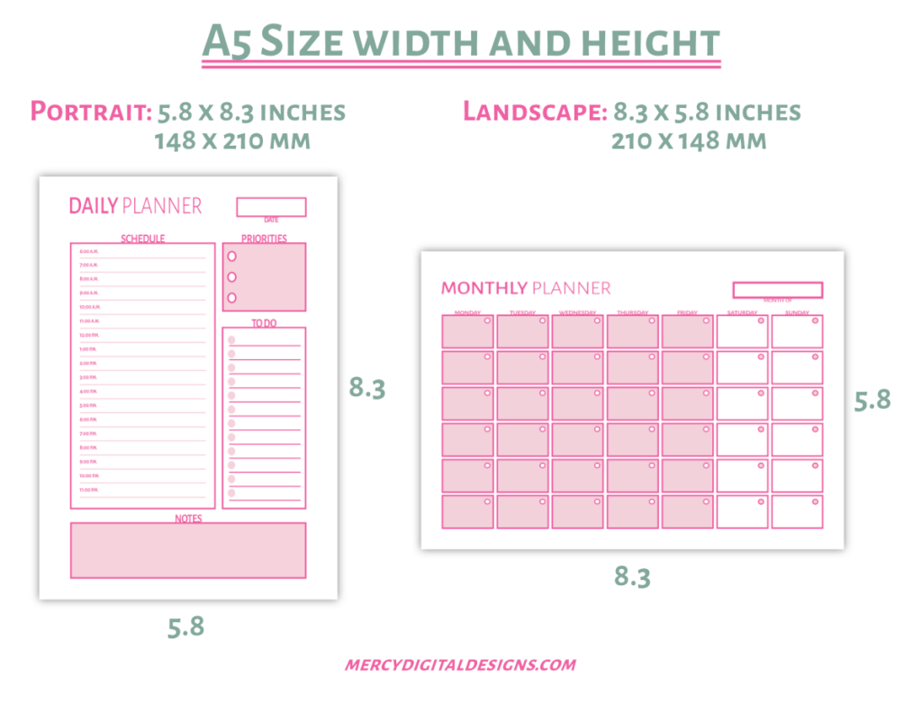 A5 planner inserts size width height