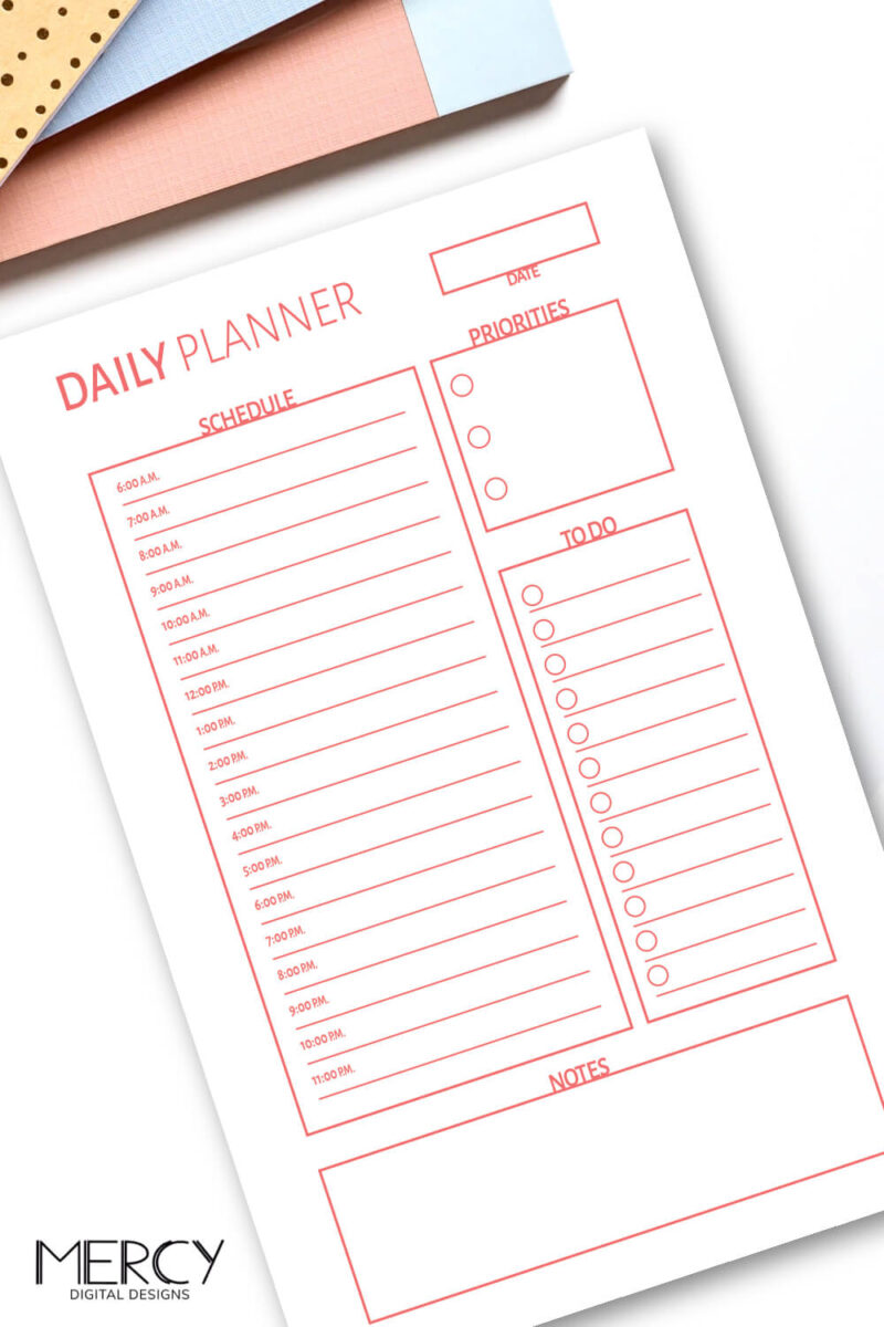 Free Daily Planner Printable in Cute Coral Color • Mercy Digital Designs