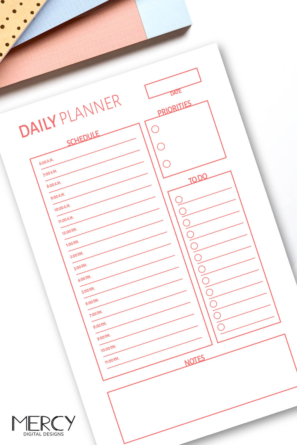 Free Daily Planner Printable in Cute Coral Color • Mercy Digital Designs
