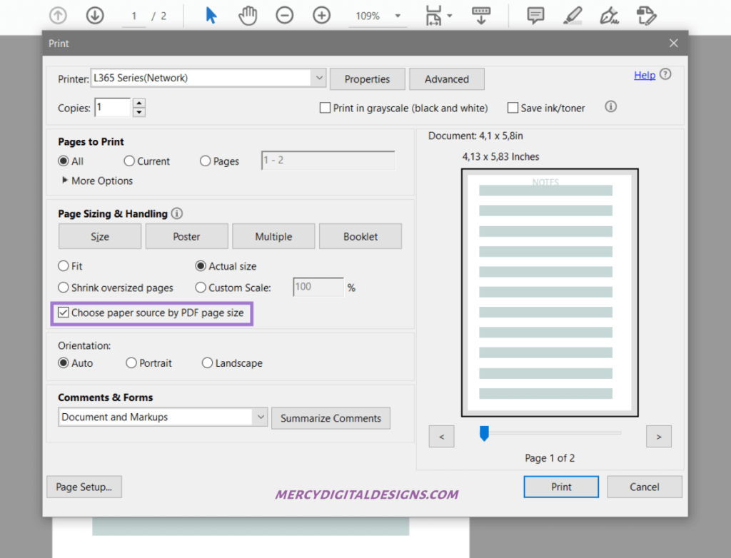 Choose A6 size paper source by PDF page size