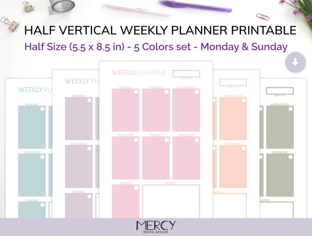 Half Vertical Weekly Planner Printable Pastel • Mercy Digital Designs