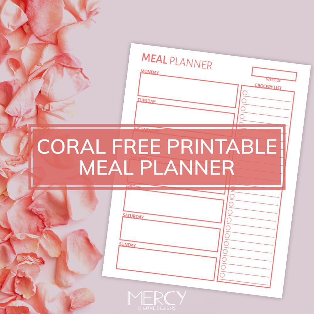 Printable Meal Planner Free with Grocery List in Coral color
