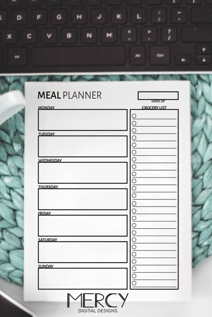 Free printable meal planner with grocery list - black