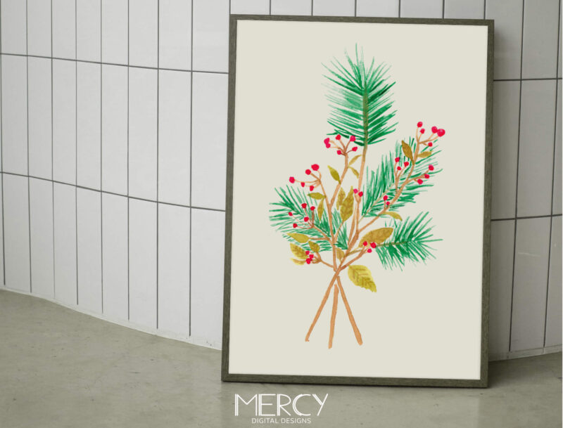 Christmas Berries Pine Wall Art Printable