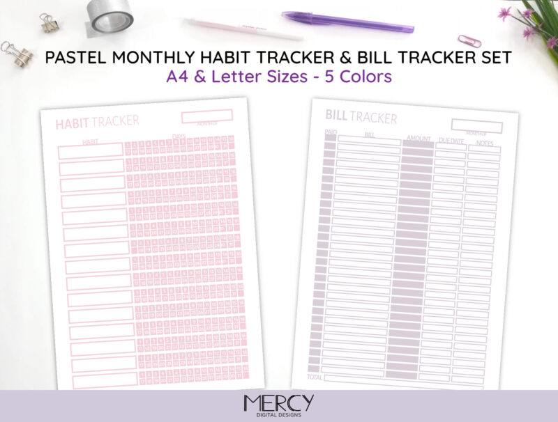 A4 Letter Pastel Habit & Bill Tracker