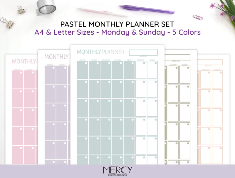 A4 Letter Pastel Monthly Planner Set