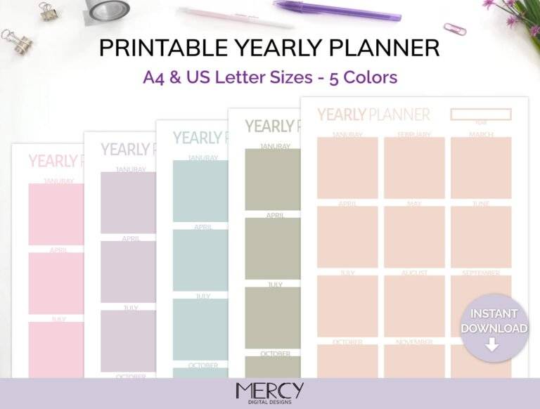 Yearly Planner Printable Pastel Set, A4 and US Letter • MDD