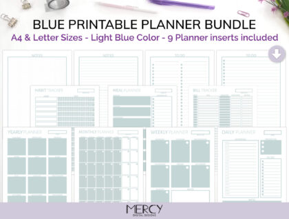 A4 Letter Blue Printable Planner Bundle