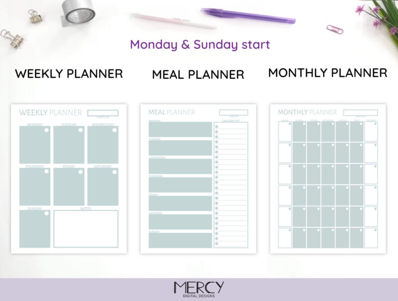 A4 Letter Blue Weekly Meal Monthly Planner