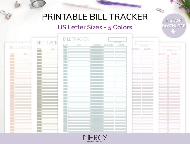 Bill Tracker Printable Pastel Set