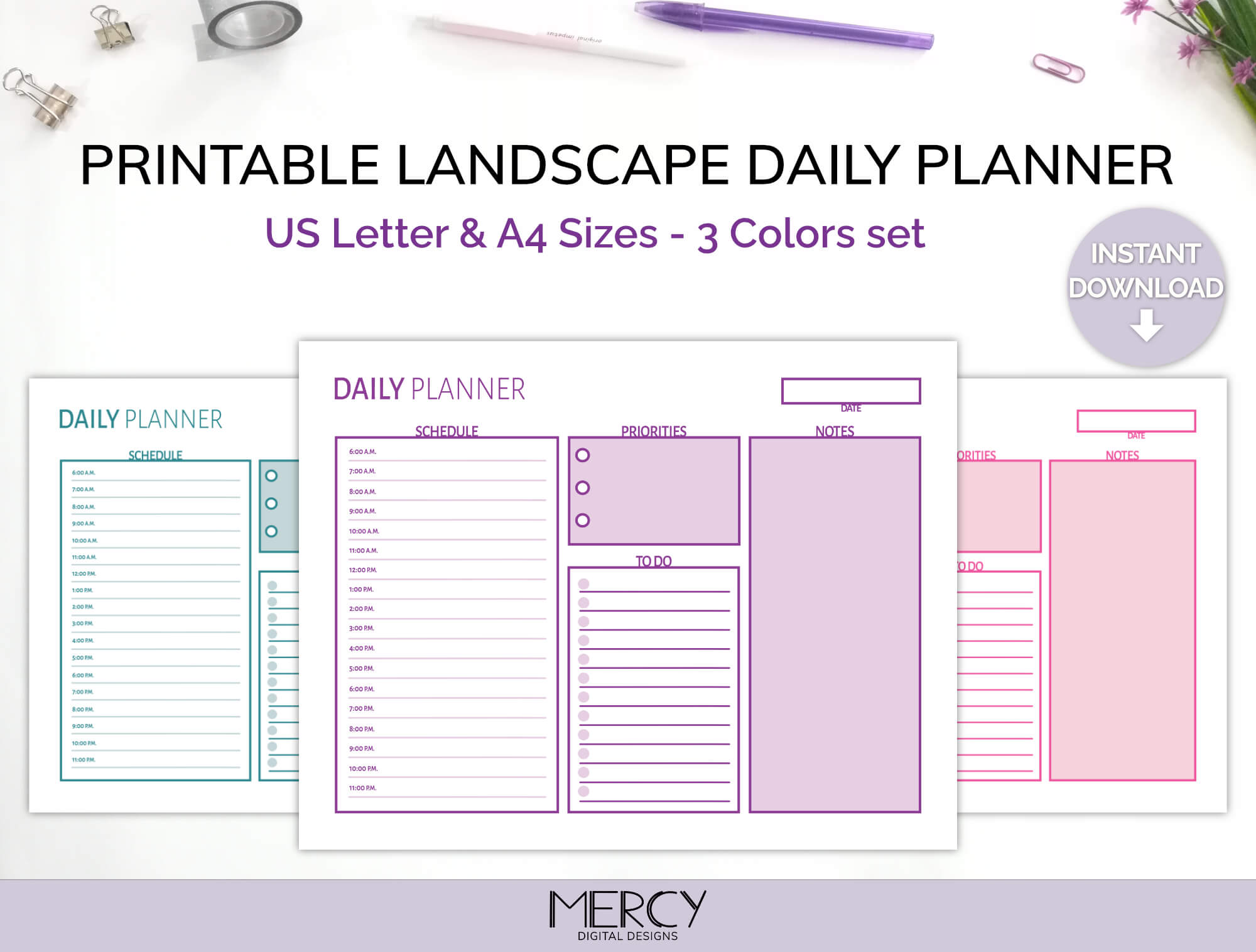 Cute Landscape Daily Planner Printable, A4 and Letter • MDD