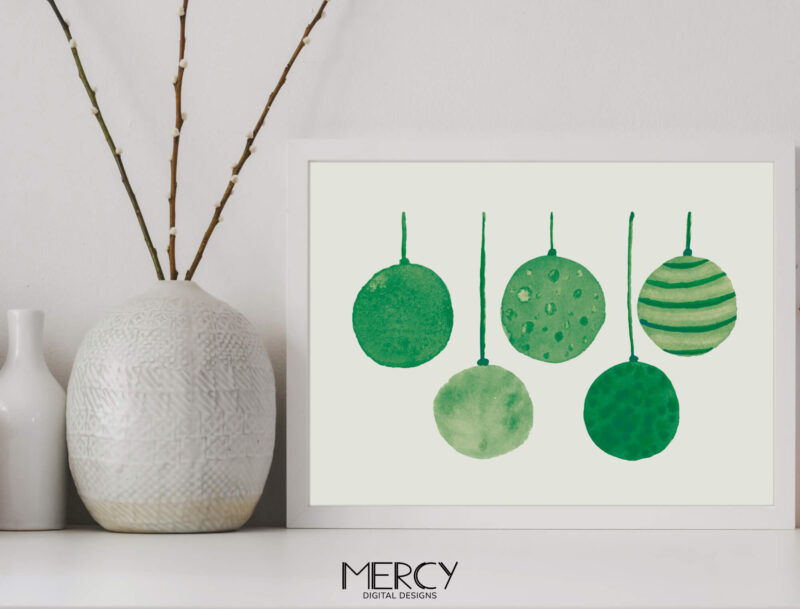 Green Christmas Ornaments Watercolor Art Print