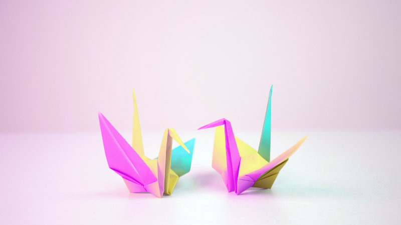 Neon origami birds background