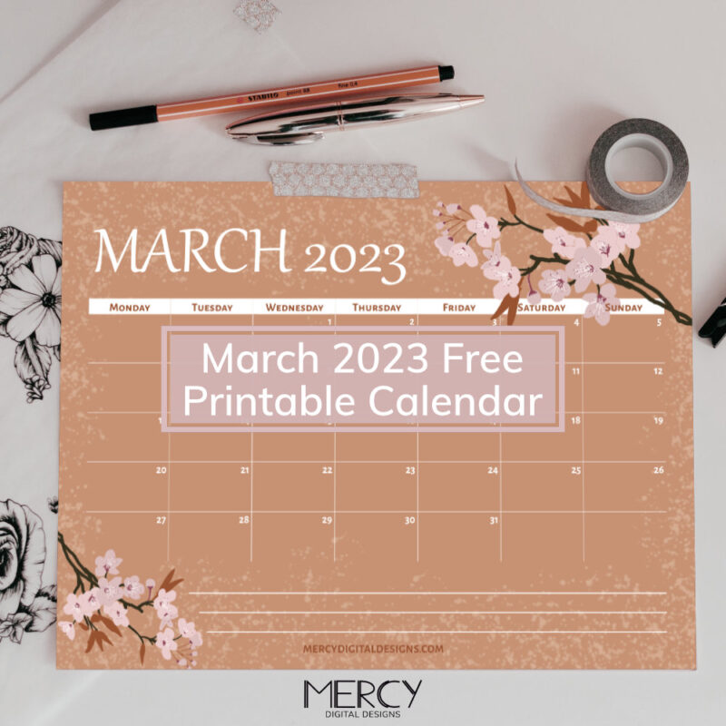 March 2023 free printable calendar mercy digital designs
