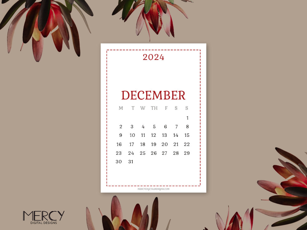 Dark red december 2024 calendar